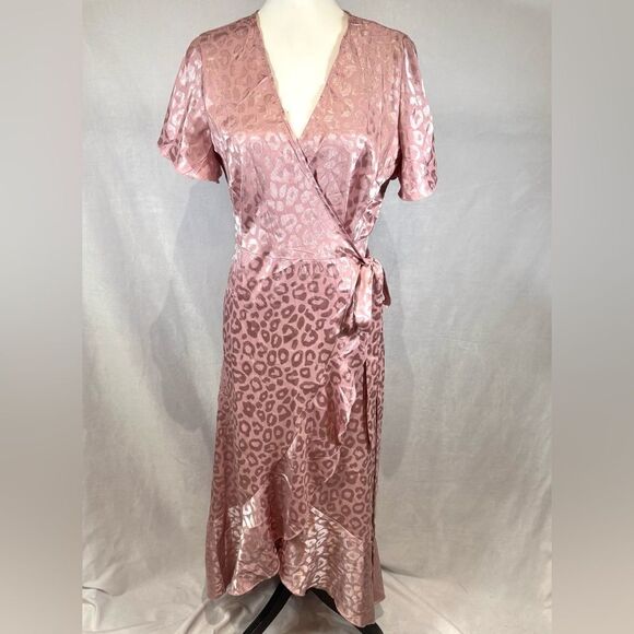 Pink blush leopard animal print satin true wrap maxi dress size medium - Picture 4 of 10